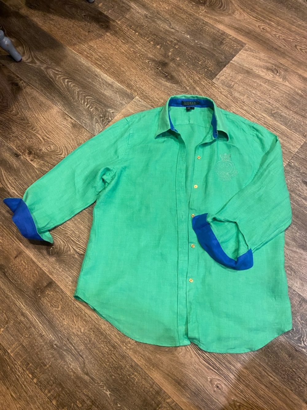 Ralph Lauren Green Button-Down Shirt with Blue Trim